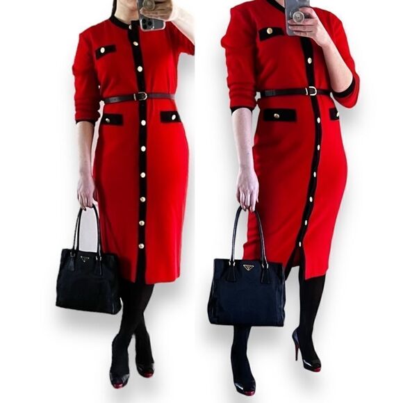 Vintage Red Button Down Sweater Dress with Black Contrast Trim by Outlander, M - Picture 11 of 11